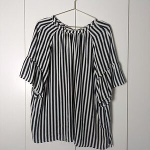 Loft Women's XL Black & White Stripe Top with Ruffle Sleeves and Back Tie